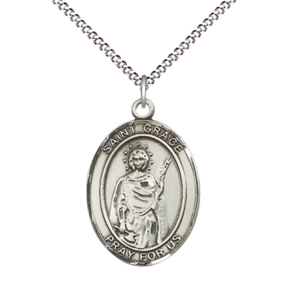 Women's Pewter Saint St. Grace Medal Pendant on 18 Inch Rhodium Plated Lite Curb Brass Chain with Lobster Claw Clasp, Catholic Religious Necklace - Made in USA- Deluxe Velvet Gift Box