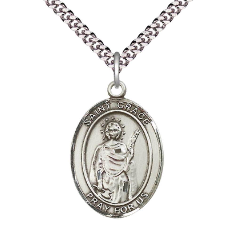 Saint Grace Men's Medal Necklace – Patron Saint of Valencia, Spain – 24" Endless Light Rhodium Plated Heavy Curb Chain – Velvet Gift Box