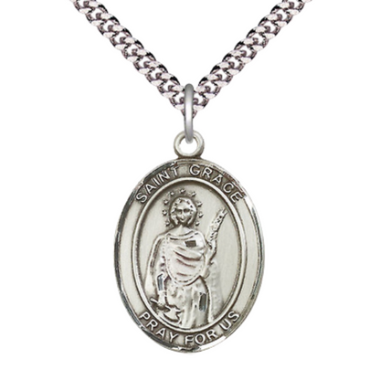 Saint Grace Medal Necklace – Patron Saint of Valencia, Spain – 24" Endless Light Rhodium Plated plated Chain – Velvet Gift Box