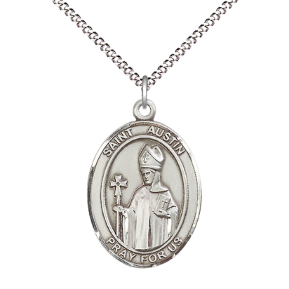 Women's Pewter Saint St. Austin Medal Pendant on 18 Inch Rhodium Plated Lite Curb Brass Chain with Lobster Claw Clasp, Catholic Religious Necklace - Made in USA- Deluxe Velvet Gift Box