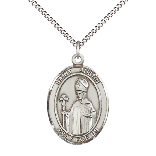 Women's Pewter Saint St. Austin Medal Pendant on 18 Inch Rhodium Plated Lite Curb Brass Chain with Lobster Claw Clasp, Catholic Religious Necklace - Made in USA- Deluxe Velvet Gift Box