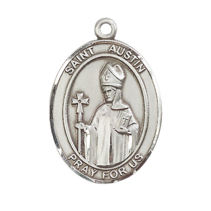 Mens Oval .925 Sterling Silver Saint St. Austin Medal Pendant on 24 Inch Rhodium Plated Heavy Curb Brass Chain with Lobster Claw clasp, Catholic Religious Necklace - Made in USA- Velvet Gift Box