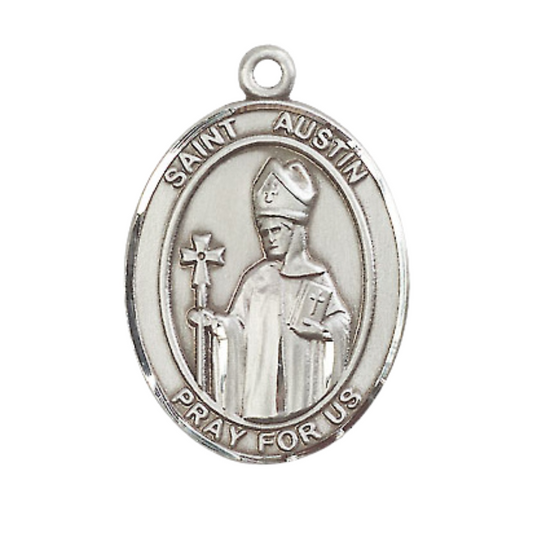 Mens Oval .925 Sterling Silver Saint St. Austin Medal Pendant on 24 Inch Rhodium Plated Heavy Curb Brass Chain with Lobster Claw clasp, Catholic Religious Necklace - Made in USA- Velvet Gift Box