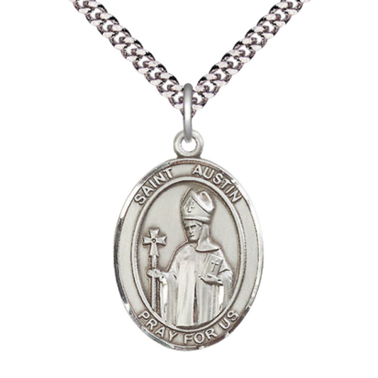 Saint St. Austin Medal Necklace, Catholic Medal - Patron Saint. of England – 24 Inch Endless Light Rhodium Plated plated Chain – Velvet Gift Box