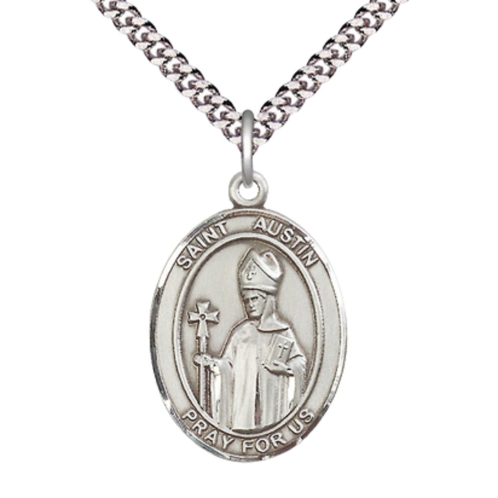 Saint St. Austin Men's Medal Necklace – Patron Saint St. of England – 24 Inch Endless Light Rhodium Plated Heavy Curb Chain, Catholic Medal – Velvet Gift Box