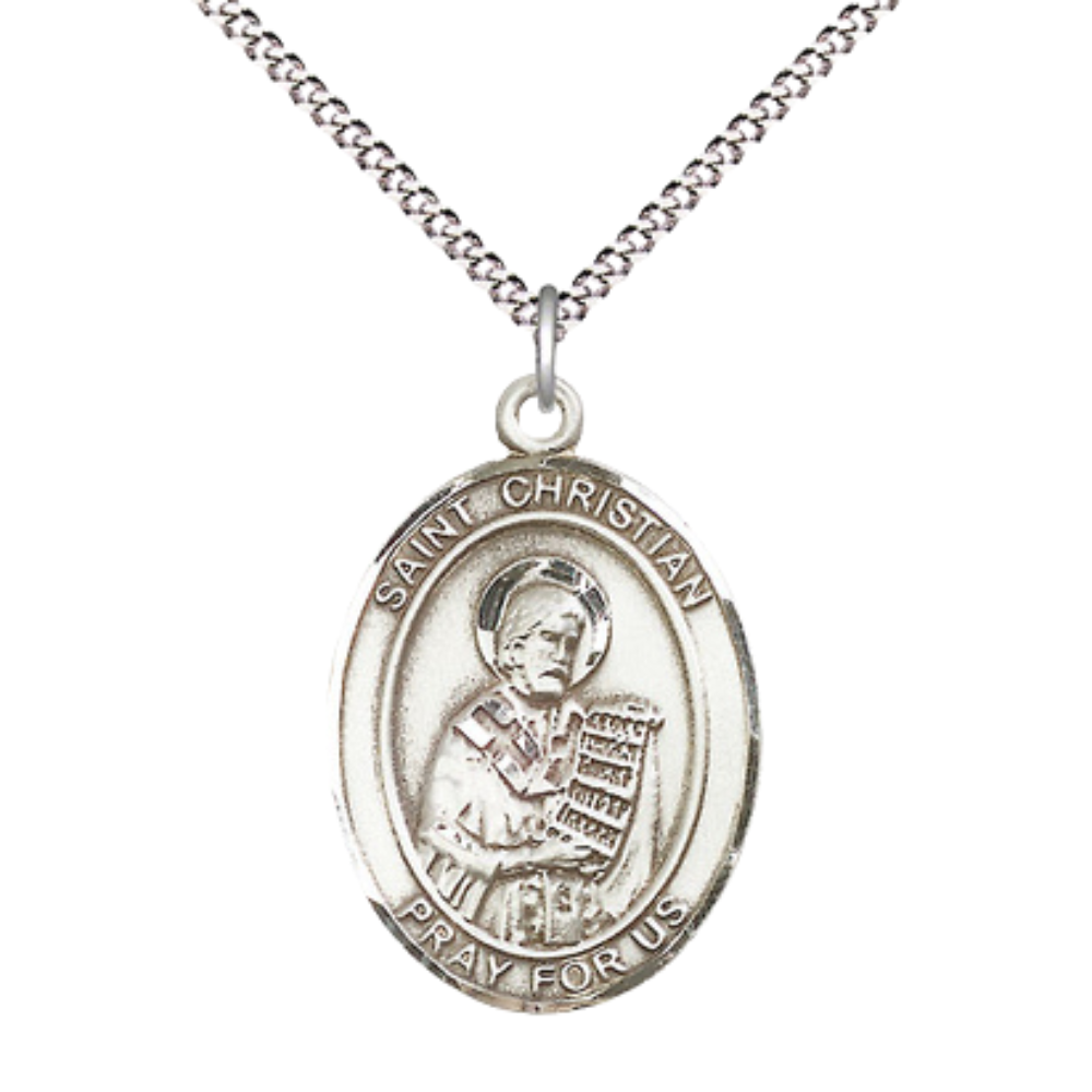 Women's Pewter Saint St. Christian Demosthenes Medal Pendant on 18 Inch Rhodium Plated Lite Curb Brass Chain with Lobster Claw Clasp, Catholic Religious Necklace - Made in USA- Deluxe Velvet Gift Box