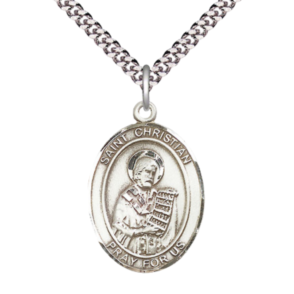 Saint St. Christian Demosthenes Men's Medal Necklace – 24 Inch Endless Light Rhodium Plated Heavy Curb Chain, Catholic Medal – Velvet Gift Box