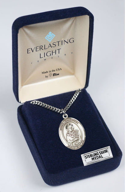 Saint St. Christian Demosthenes Men's Medal Necklace – 24 Inch Endless Light Rhodium Plated Heavy Curb Chain, Catholic Medal – Velvet Gift Box