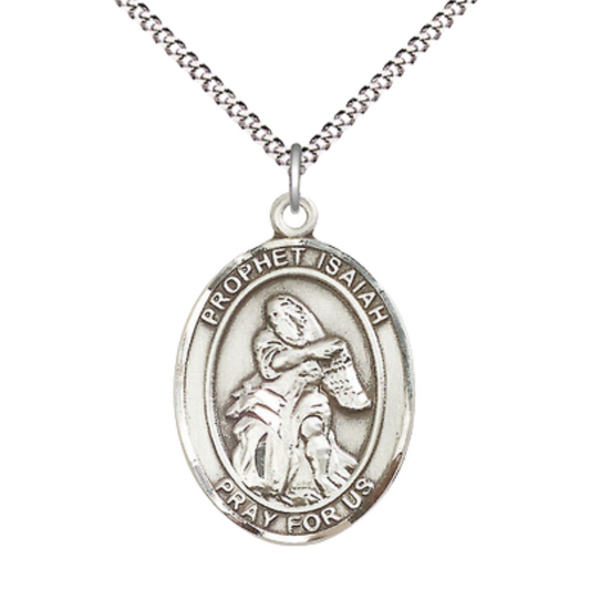 Women's .925 Sterling Silver Saint St. Isaiah Medal Pendant on 18 Inch Rhodium Plated Lite Curb Brass Chain with Lobster Claw Clasp, Catholic Religious Necklace - Made in USA- Deluxe Velvet Gift Box
