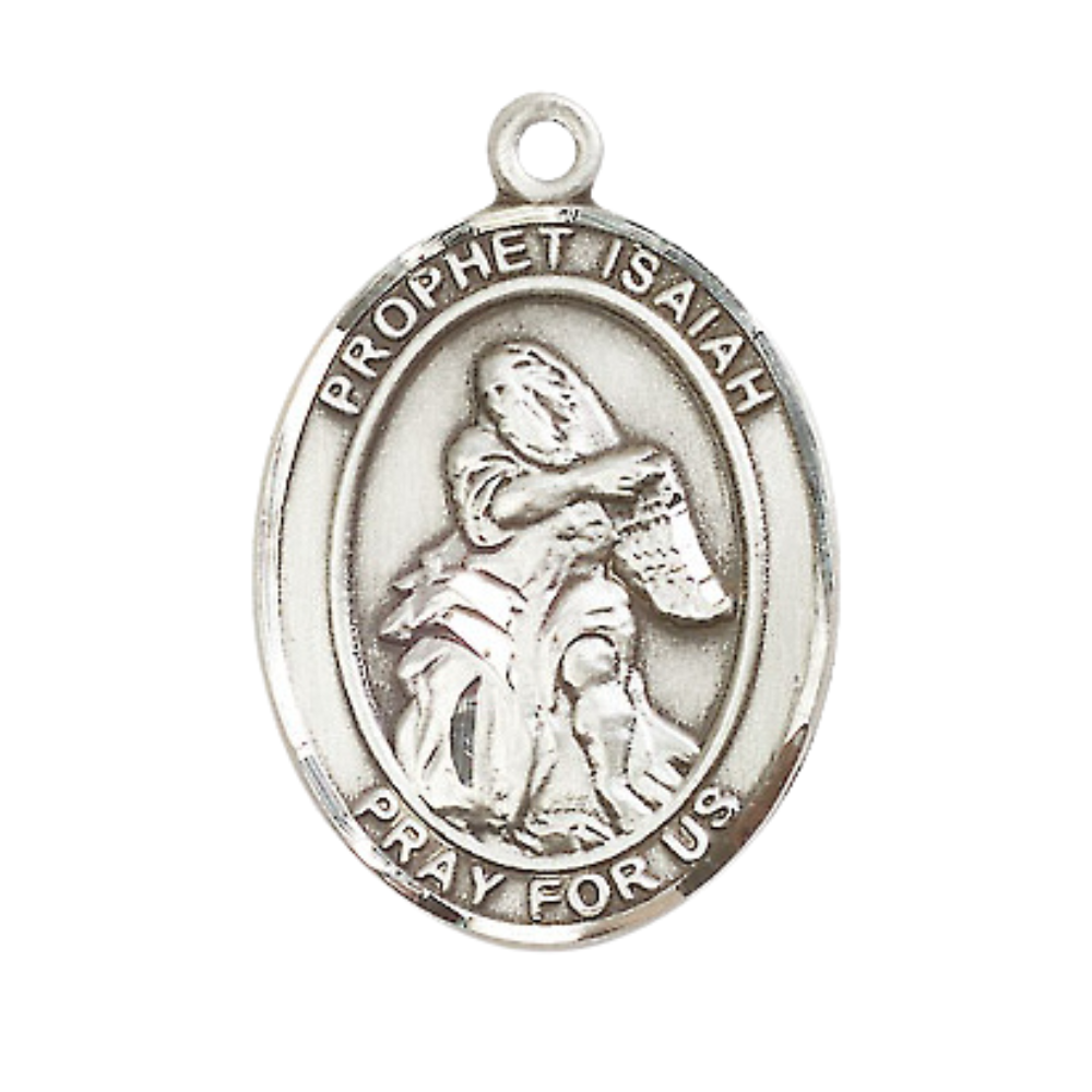 Mens Oval .925 Sterling Silver Saint St. Isaiah Medal Pendant on 24 Inch Rhodium Plated Heavy Curb Brass Chain with Lobster Claw clasp, Catholic Religious Necklace - Made in USA- Velvet Gift Box