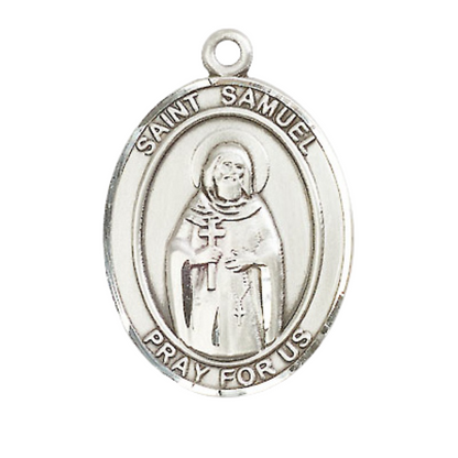 Women's Pewter Saint St. Samuel Medal Pendant on 18 Inch Rhodium Plated Lite Curb Brass Chain with Lobster Claw Clasp, Catholic Religious Necklace - Made in USA- Deluxe Velvet Gift Box