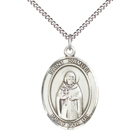 Women's Pewter Saint St. Samuel Medal Pendant on 18 Inch Rhodium Plated Lite Curb Brass Chain with Lobster Claw Clasp, Catholic Religious Necklace - Made in USA- Deluxe Velvet Gift Box