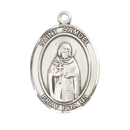 Mens 1 x 3/4" Oval Pewter Saint St. Samuel Medal Pendant on 24 Inch Rhodium Plated Heavy Curb Brass Chain with Lobster Claw clasp, Catholic Religious Necklace - Made in USA - Deluxe Velvet Gift Box