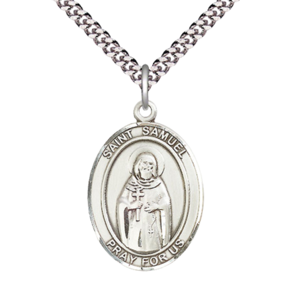 Saint Samuel Men's Medal Necklace – 24" Endless Light Rhodium Plated Heavy Curb Chain – Velvet Gift Box