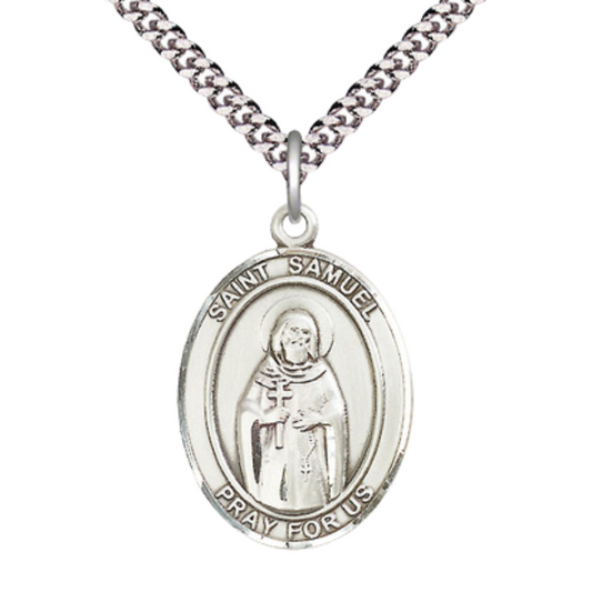 Saint St. Samuel Medal Necklace – 24 Inch Endless Light Rhodium Plated plated Chain, Catholic Medal – Velvet Gift Box