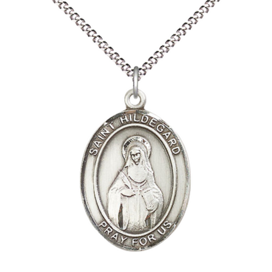 Women's Pewter Saint St. Hildegard von Bingen Medal Pendant on 18 Inch Rhodium Plated Lite Curb Brass Chain with Lobster Claw Clasp, Catholic Religious Necklace - Made in USA- Deluxe Velvet Gift Box