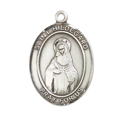 Mens Sterling Silver Saint Hildegard von Bingen Medal Pendant on 24" Rhodium Plated Heavy Curb Brass Chain w/ Lobster Claw clasp, Catholic Religious Necklace -Made in USA- Velvet Gift Box