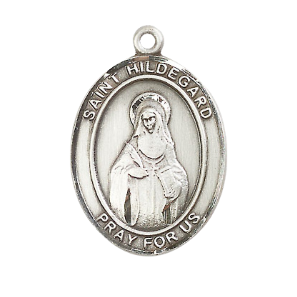 Mens Oval Pewter Saint St. Hildegard von Bingen Medal Pendant on 24 Inch Rhodium Plated Heavy Curb Brass Chain with Lobster Claw clasp, Catholic Religious Necklace - Made in USA- Velvet Gift Box