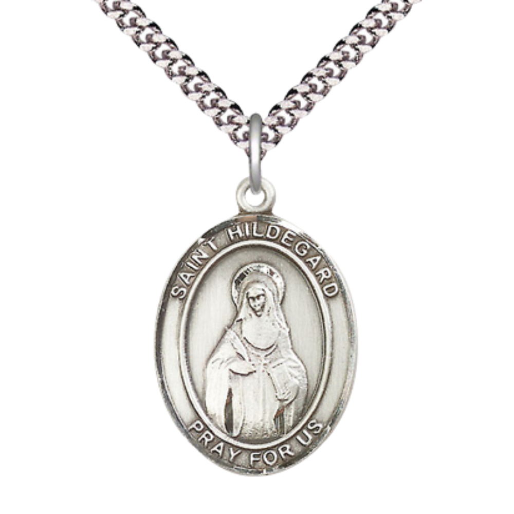Saint St. Hildegard von Bingen Medal Necklace – Men's .925 Sterling Silver Pendant on 24 Inch Light Rhodium Plated Heavy Curb Chain – Catholic Religious Jewelry – Velvet Gift Box Included