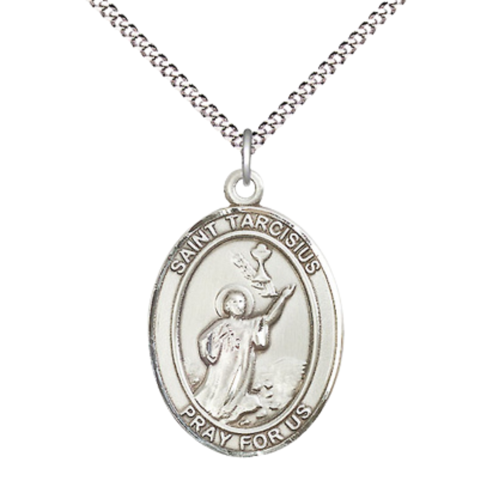 Women's .925 Sterling Silver Saint St. Tarcisius Medal Pendant on 18 Inch Rhodium Plated Lite Curb Brass Chain with Lobster Claw Clasp, Catholic Religious Necklace - Made in USA- Deluxe Velvet Gift Box