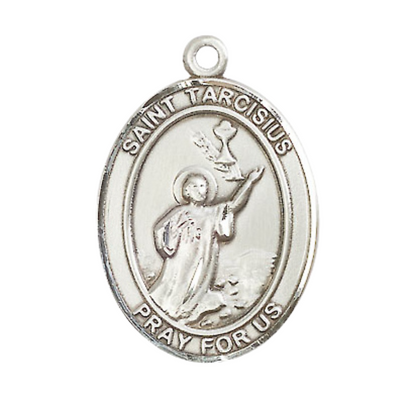 Mens Oval .925 Sterling Silver Saint St. Tarcisius Medal Pendant on 24 Inch Rhodium Plated Heavy Curb Brass Chain with Lobster Claw clasp, Catholic Religious Necklace - Made in USA- Velvet Gift Box