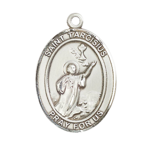 Mens Oval .925 Sterling Silver Saint St. Tarcisius Medal Pendant on 24 Inch Rhodium Plated Heavy Curb Brass Chain with Lobster Claw clasp, Catholic Religious Necklace - Made in USA- Velvet Gift Box