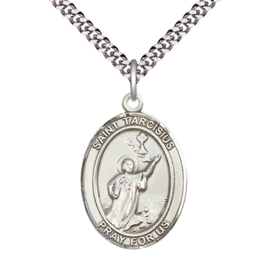 Saint Tarcisius Medal Necklace – Patron Saint of Altar Boys & Altar Girls – 24" Endless Light Rhodium Plated plated Chain – Velvet Gift Box