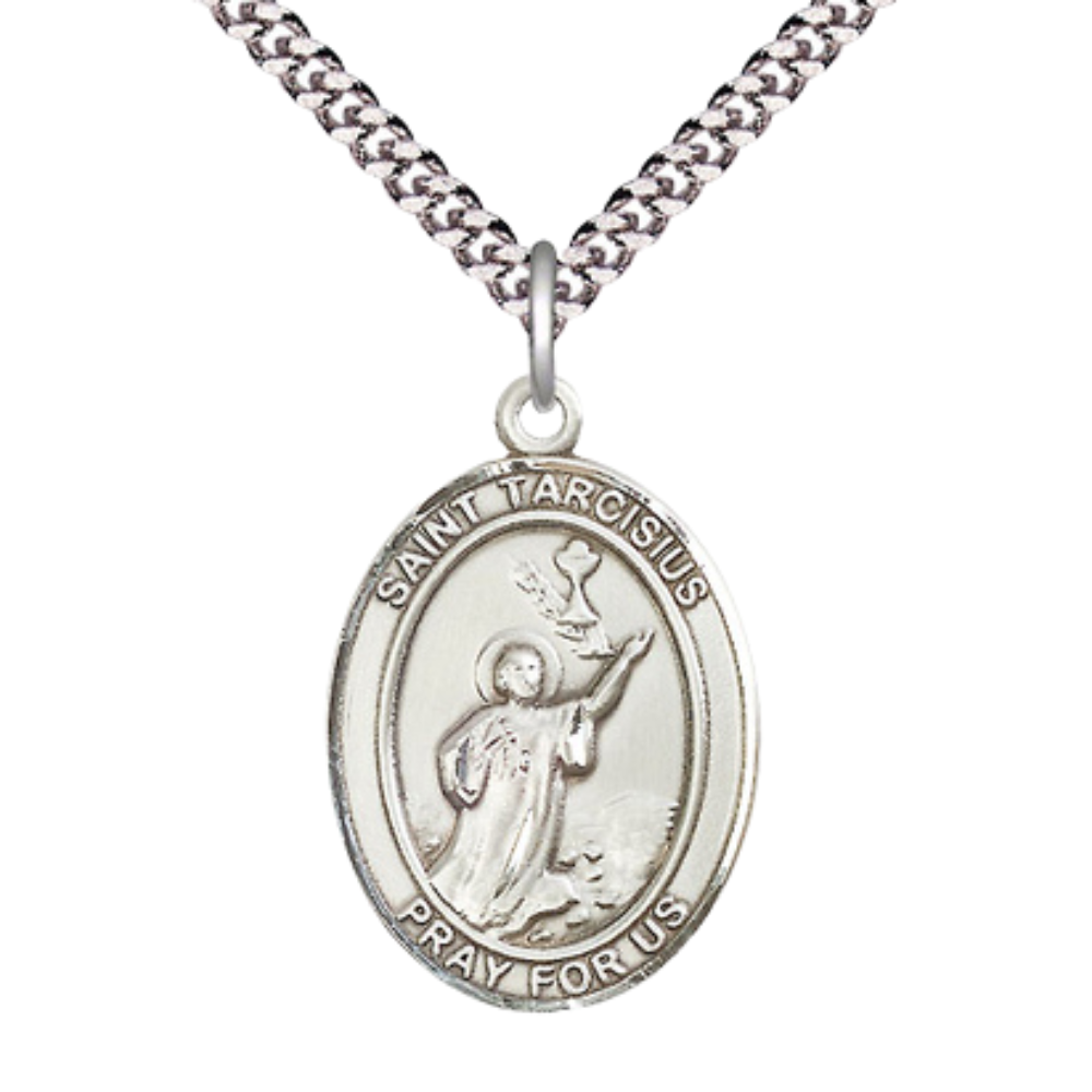 Mens 1 x 3/4" Oval Pewter Saint St. Tarcisius Medal Pendant on 24 Inch Rhodium Plated Heavy Curb Brass Chain with Lobster Claw clasp, Catholic Religious Necklace - Made in USA - Deluxe Velvet Gift Box
