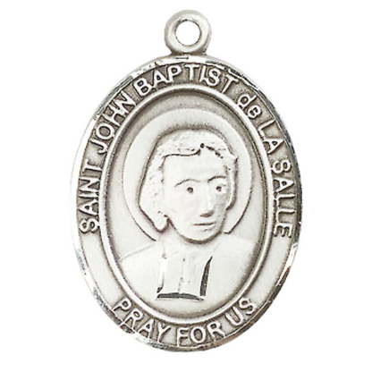 Women's Pewter Patron Saint St. John Baptist de La Salle Medal Pendant with 18 Inch Rhodium Plated Lite Curb Brass Chain Catholic Religious Necklace - Made in USA, Deluxe Velvet Gift Box