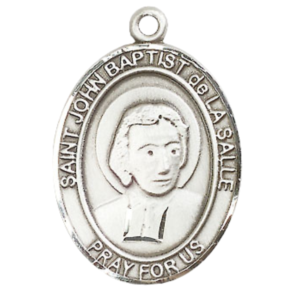 Women's .925 Sterling Silver Patron Saint St. John Baptist de La Salle Medal Pendant with 18 Inch Rhodium Plated Lite Curb Brass Chain Catholic Religious Necklace - Made in USA, Deluxe Velvet Gift Box