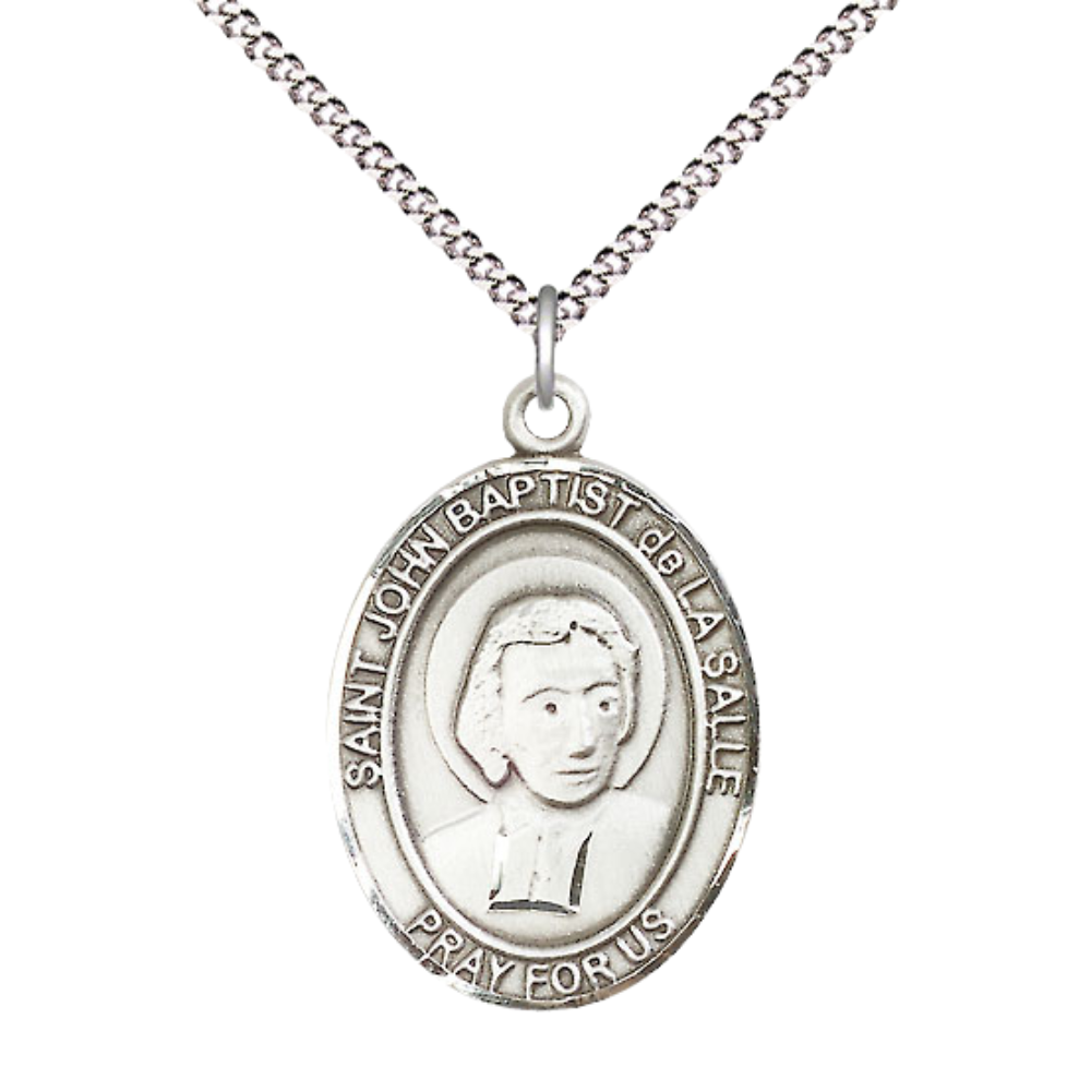 Women's .925 Sterling Silver Patron Saint St. John Baptist de La Salle Medal Pendant with 18 Inch Rhodium Plated Lite Curb Brass Chain Catholic Religious Necklace - Made in USA, Deluxe Velvet Gift Box