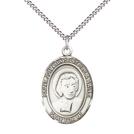 Women's .925 Sterling Silver Patron Saint St. John Baptist de La Salle Medal Pendant with 18 Inch Rhodium Plated Lite Curb Brass Chain Catholic Religious Necklace - Made in USA, Deluxe Velvet Gift Box
