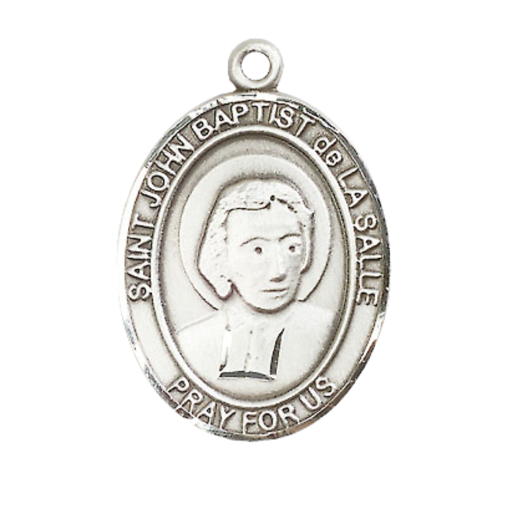 Mens .925 Sterling Silver Saint St. John BaptiSaint St. de la Salle Medal Pendant on 24 Inch Rhodium Plated Heavy Curb Brass Chain w/ Lobster Claw clasp, Catholic Religious Necklace - Made in USA- Velvet Gift Box
