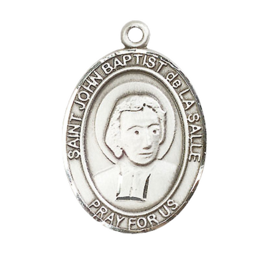 Mens .925 Sterling Silver Saint St. John BaptiSaint St. de la Salle Medal Pendant on 24 Inch Rhodium Plated Heavy Curb Brass Chain w/ Lobster Claw clasp, Catholic Religious Necklace - Made in USA- Velvet Gift Box