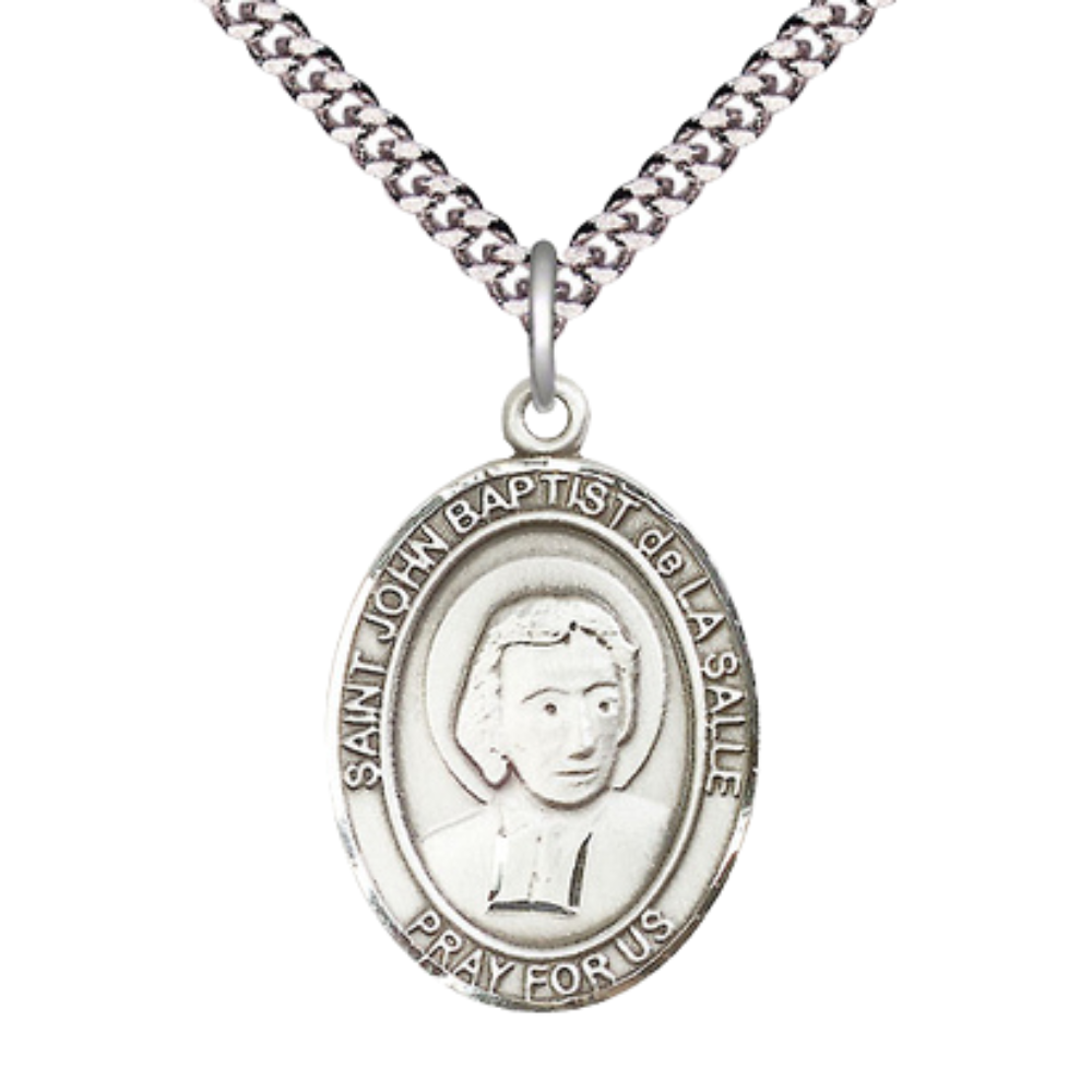 Saint John Baptist de La Salle Medal Necklace – Men's Pewter Pendant on 24” Light Rhodium Plated plated Chain – Catholic Patron Saint of Educators & Teachers – Velvet Gift Box Included