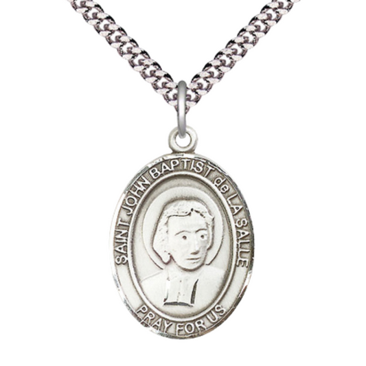 Saint John Baptist de La Salle Medal Necklace – Men's Pewter Pendant on 24” Light Rhodium Plated plated Chain – Catholic Patron Saint of Educators & Teachers – Velvet Gift Box Included