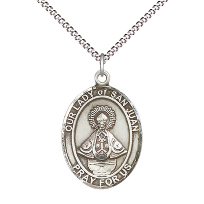 Women's Pewter Our Lady of Saint St. Juan Medal Pendant on 18 Inch Rhodium Plated Lite Curb Brass Chain with Lobster Claw Clasp, Catholic Religious Necklace - Made in USA- Deluxe Velvet Gift Box