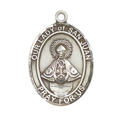 Mens 1 x 3/4" Oval Pewter Our Lady of Saint St. Juan Medal Pendant on 24 Inch Rhodium Plated Heavy Curb Brass Chain with Lobster Claw clasp, Catholic Religious Necklace - Made in USA- Velvet Gift Box