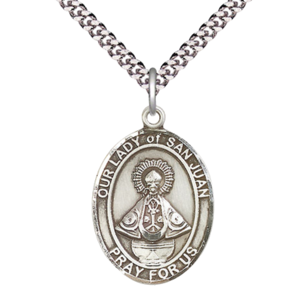 Our Lady of Saint St. Juan Medal Necklace – 24 Inch Endless Light Rhodium Plated plated Chain, Catholic Medal – Velvet Gift Box