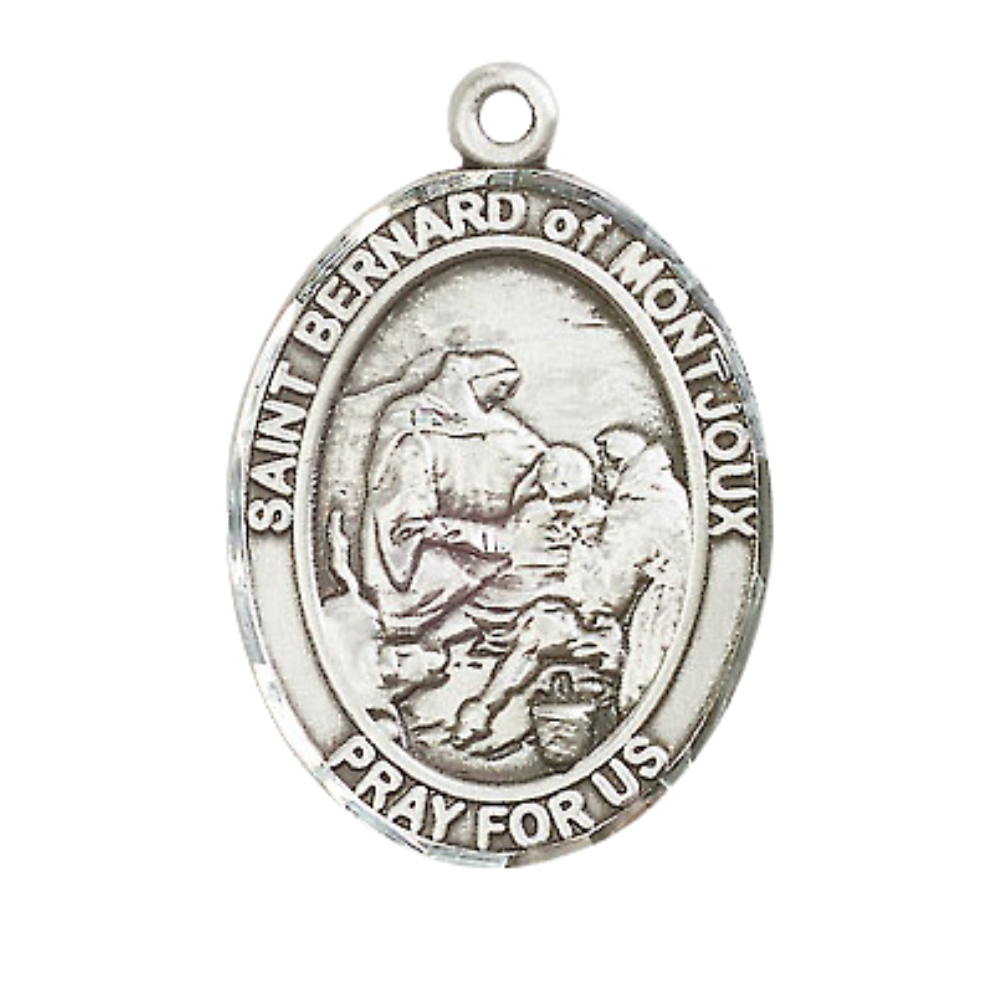 Women's .925 Sterling Silver Saint St. Bernard of Montjoux Medal Pendant on 18 Inch Rhodium Plated Lite Curb Brass Chain w/ Lobster Claw Clasp, Catholic Religious Necklace - Made in USA- Velvet Gift Box