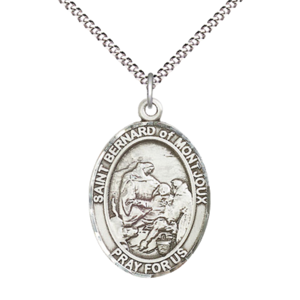 Women's Pewter Saint St. Bernard of Montjoux Medal Pendant on 18 Inch Rhodium Plated Lite Curb Brass Chain with Lobster Claw Clasp, Catholic Religious Necklace - Made in USA- Deluxe Velvet Gift Box