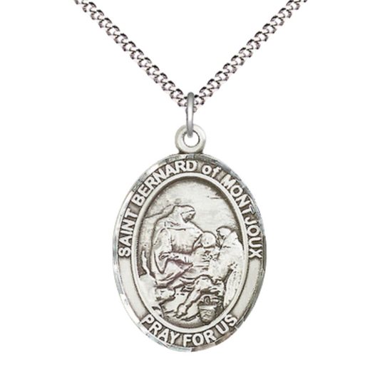 Women's Pewter Saint St. Bernard of Montjoux Medal Pendant on 18 Inch Rhodium Plated Lite Curb Brass Chain with Lobster Claw Clasp, Catholic Religious Necklace - Made in USA- Deluxe Velvet Gift Box