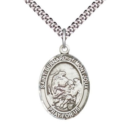 Saint St. Bernard of Montjoux Medal Necklace – Patron Saint St. of Skiers & Mountain Climbers – 24 Inch Endless Light Rhodium Plated plated Chain, Catholic Medal – Velvet Gift Box
