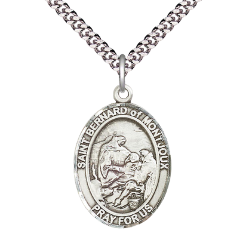 Saint St. Bernard of Montjoux Men's Medal Necklace – Patron Saint St. of Skiers & Mountain Climbers – 24 Inch Endless Light Rhodium Plated Heavy Curb Chain, Catholic Medal – Velvet Gift Box