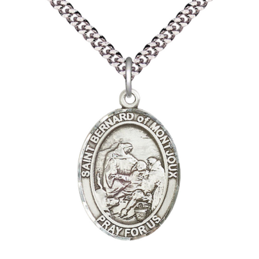 Saint St. Bernard of Montjoux Men's Medal Necklace – Patron Saint St. of Skiers & Mountain Climbers – 24 Inch Endless Light Rhodium Plated Heavy Curb Chain, Catholic Medal – Velvet Gift Box