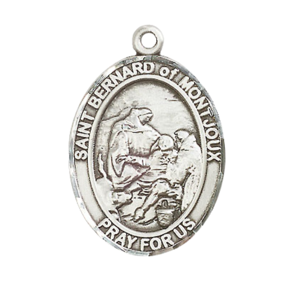 Mens Oval Pewter Saint St. Bernard of Montjoux Medal Pendant on 24 Inch Rhodium Plated Heavy Curb Brass Chain with Lobster Claw clasp, Catholic Religious Necklace - Made in USA- Velvet Gift Box