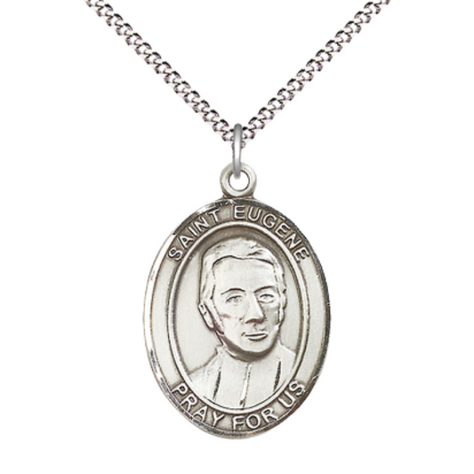 Women's .925 Sterling Silver Saint St. Eugene de Mazenod Medal Pendant on 18 Inch Rhodium Plated Lite Curb Brass Chain w/ Lobster Claw Clasp, Catholic Religious Necklace - Made in USA- Deluxe Velvet Gift Box