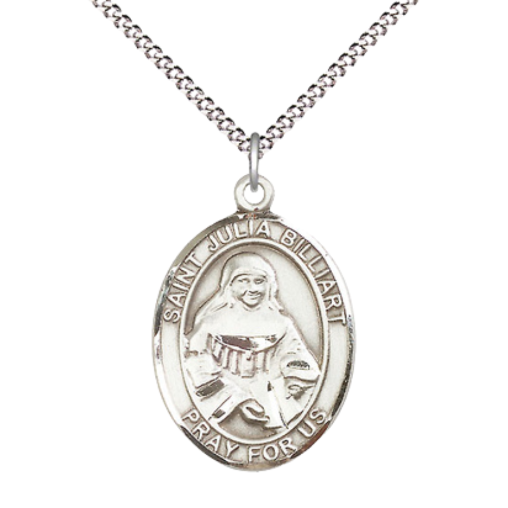 Women's .925 Sterling Silver Saint St. Julia Billiart Medal Pendant on 18 Inch Rhodium Plated Lite Curb Brass Chain w/ Lobster Claw Clasp, Catholic Religious Necklace - Made in USA- Deluxe Velvet Gift Box