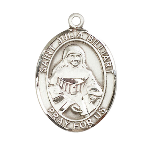 Mens .925 Sterling Silver Saint Julia Billiart Medal Pendant on 24" Rhodium Plated Heavy Curb Brass Chain with Lobster Claw clasp, Catholic Religious Necklace -Made in USA- Velvet Gift Box