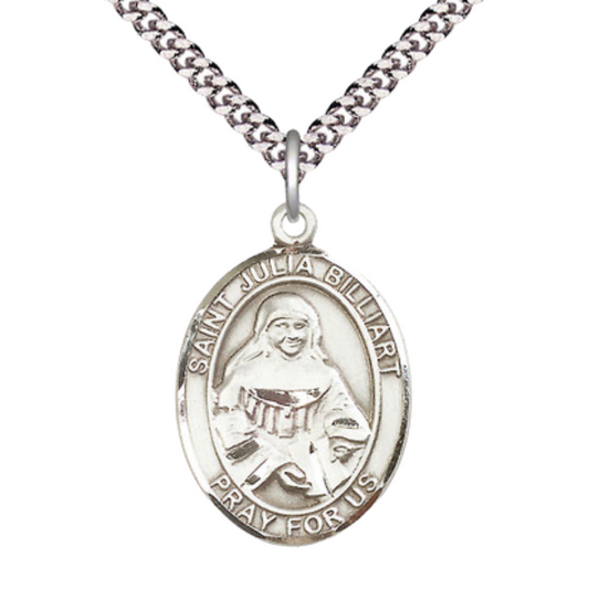 Mens 1 x 3/4" Oval Pewter Saint St. Julia Billiart Medal Pendant on 24 Inch Rhodium Plated Heavy Curb Brass Chain with Lobster Claw clasp, Catholic Religious Necklace - Made in USA - Velvet Gift Box